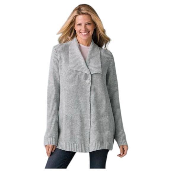 Woman Within Sweaters - Woman Within Sweater Womens 1X 22/24 Shawl Collar Shaker Button Cardigan Gray